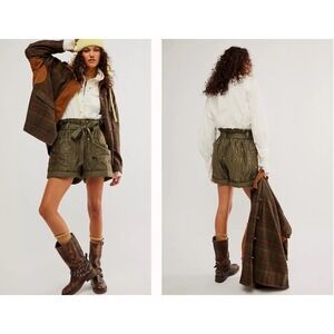 Free People Green Quilted Shorts Size S High Rise Sequin‎ Paper Bag Waist Cuffed